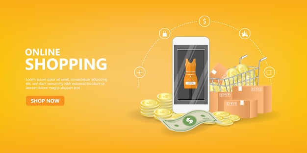 Compras en línea concepto de sitios web de aplicaciones móviles de redes sociales.