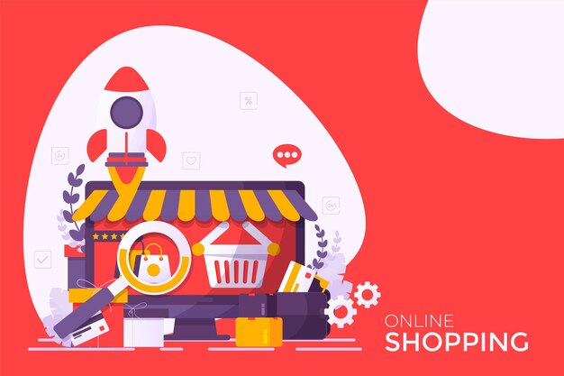 Compras en línea en el concepto de vector de aplicación móvil con bolsa de tienda y caja de regalo fondo de cielo azul e icono de pantalla de escaparate de teléfono inteligente blanco en estantes ilustración de marketing digital