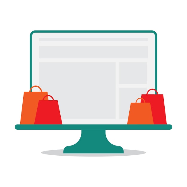 compras en línea conjunto de elementos de diseño web de monitor y bolso concepto de diseño vector plano