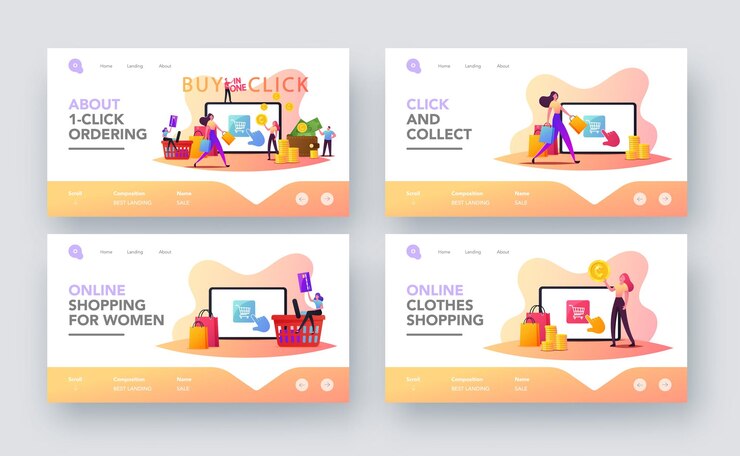 Vector compras en línea conjunto de plantillas de página de destino de compra con un clic. pequeños personajes de clientes con tarjeta de crédito compran productos en una enorme pantalla de gadgets. negocio de internet digital. ilustración de vector de gente de dibujos animados