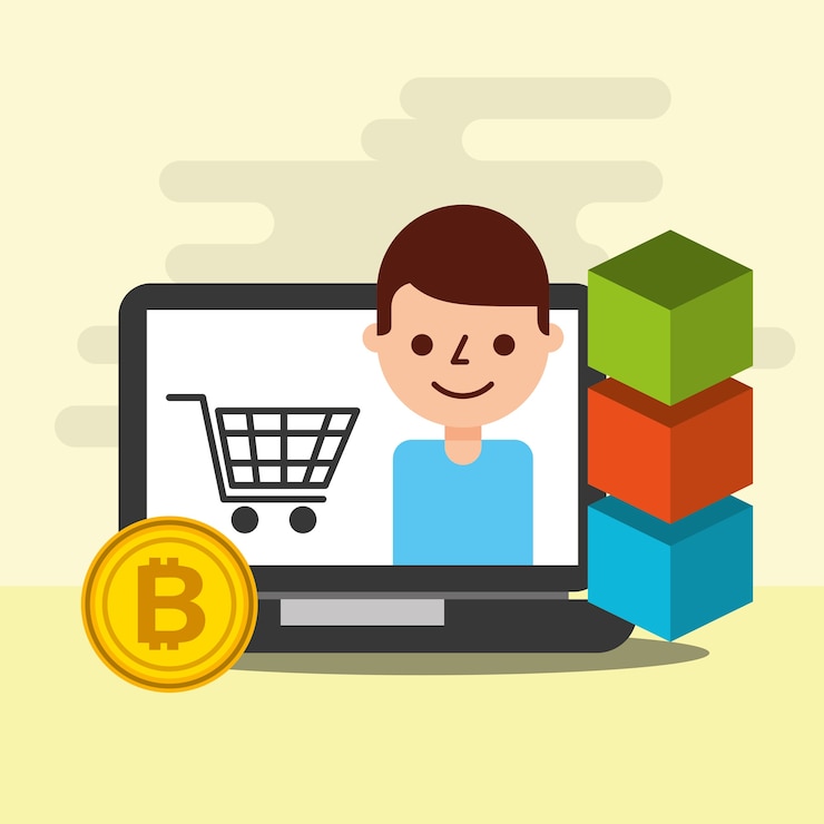Vector compras en línea e-commerce bitcoin blockchain
