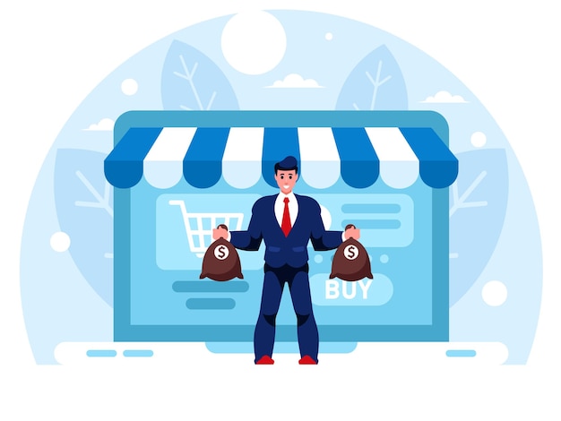 Compras en línea Empresario tiene dos bolsas de dinero en sus manos Hombre rico Éxito financiero