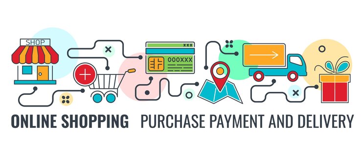 Vector compras en línea, entrega, banner horizontal de logística con tienda de iconos de línea de color, carrito, regalo, tarjeta de crédito. infografía de proceso de compra por internet. ilustración vectorial aislada