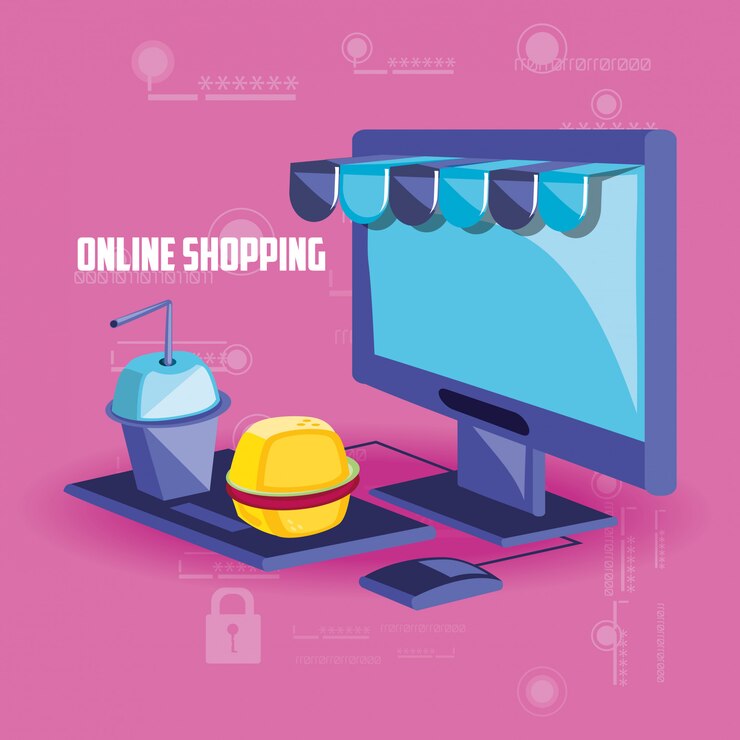 Vector compras en línea con escritorio