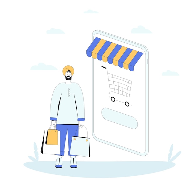 Compras en línea Hombre con un teléfono inteligente enorme y bolsas de compras
