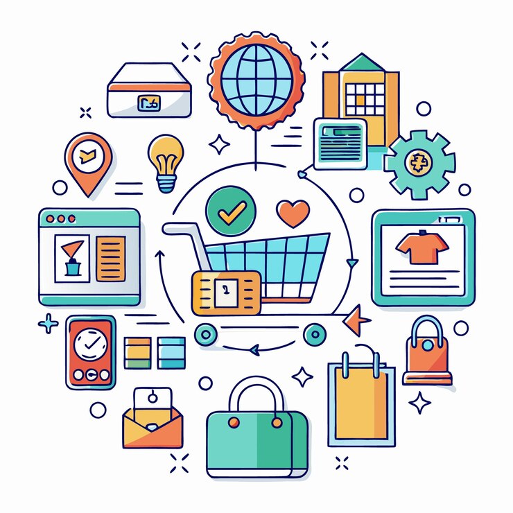 Vector compras en línea con iconos como un carrito de compras bolsas teléfono inteligente y una computadora