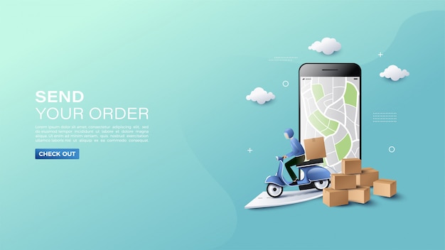 Compras en línea con ilustración de mapa y banner de entrega de productos