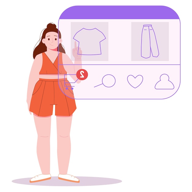 Compras en línea Ilustración plana de una joven sonriente que realiza pagos en línea usando una computadora portátil