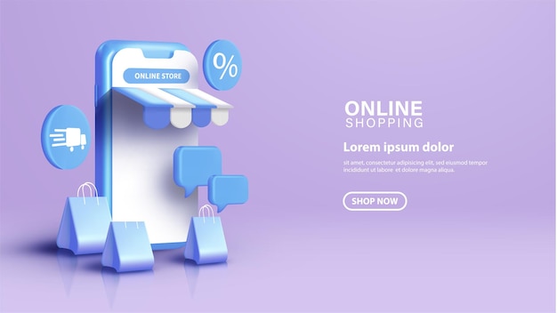 Compras en línea con ilustración de teléfono inteligente 3D de algunos suministros de compras