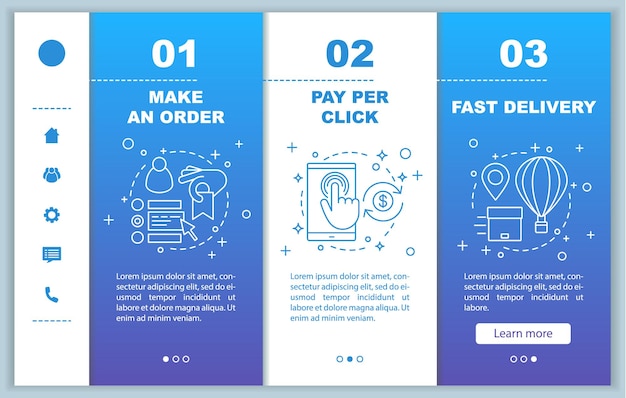 Compras en línea incorporación de páginas web móviles plantilla vectorial Compra digital Realizar un pago de pedido hacer clic en entrega rápida Interfaz de sitio web de teléfono inteligente sensible Pantallas de paso de tutorial de página web