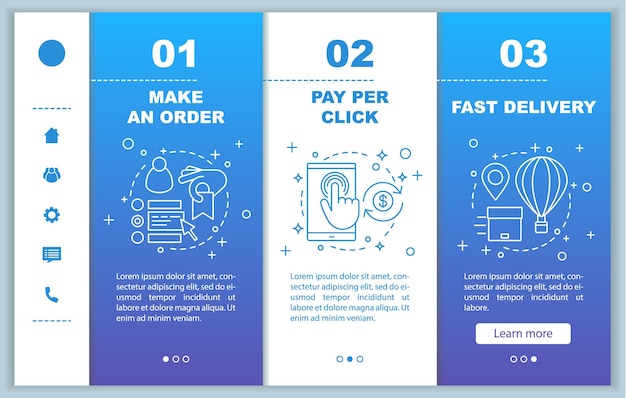 Compras en línea incorporación de páginas web móviles plantilla vectorial compra digital realizar un pago de pedido hacer clic en entrega rápida interfaz de sitio web de teléfono inteligente sensible pantallas de paso de tutorial de página web