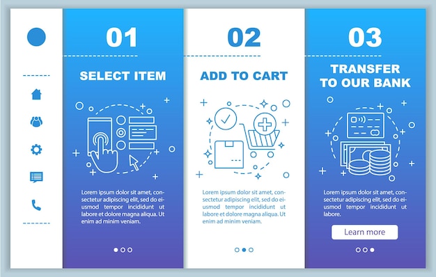 Compras en línea incorporación de páginas web móviles plantilla vectorial Compra digital Seleccionar elementos agregar al carrito realizar el pago Interfaz de sitio web de teléfono inteligente sensible Pantallas de paso de tutorial de página web