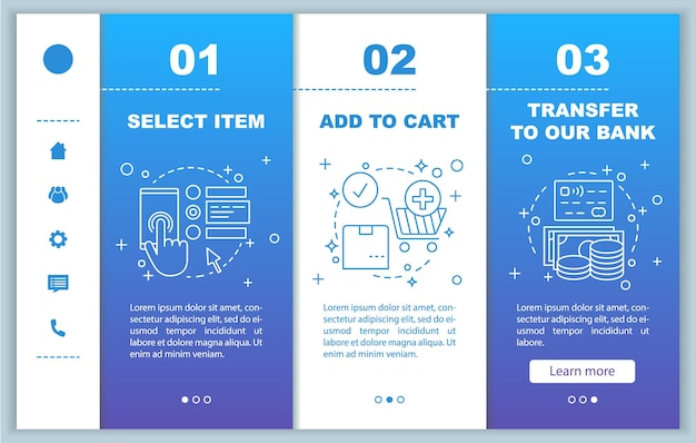 Vector compras en línea incorporación de páginas web móviles plantilla vectorial compra digital seleccionar elementos agregar al carrito realizar el pago interfaz de sitio web de teléfono inteligente sensible pantallas de paso de tutorial de página web