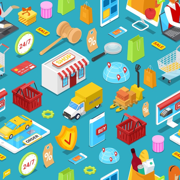 Compras en línea isométrica de patrones sin fisuras