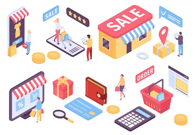 Compras en línea isométricas. Aplicación móvil de comercio electrónico para mercado, tienda y pago. Clientes con bolsas y carros vector set. Tecnología de pago en línea, ilustración de marketing de compras para clientes.