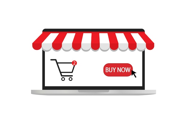 Compras en línea Laptop tienda en línea Icono de vector concepto de compras por Internet Pantalla de computadora portátil con botón de tienda comprar 10 eps