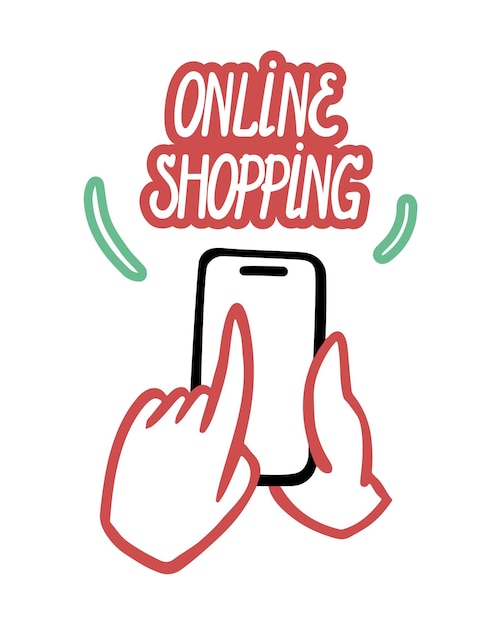 Las compras en línea. La mano sostiene el teléfono y presiona la pantalla. Cartel de banner ai en garabato vectorial