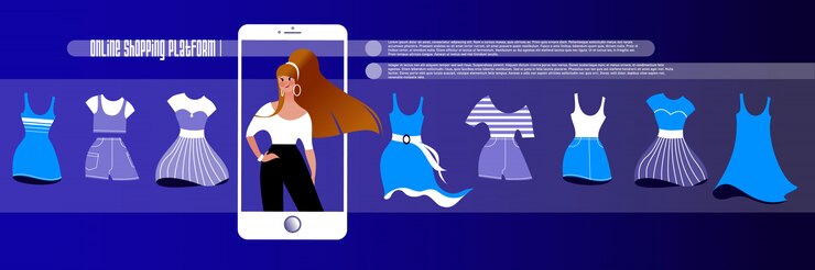 Vector las compras en línea. maqueta para la página de inicio tienda de internet de ropa femenina o diseño de pancarta publicitaria.