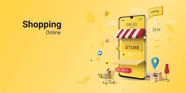 Compras en línea Marketing moderno en tiendas de Internet de aplicaciones móviles en el concepto de sitio web de diseño de página web para banner de sitio web y sitio web móvil ilustración vectorial 3D