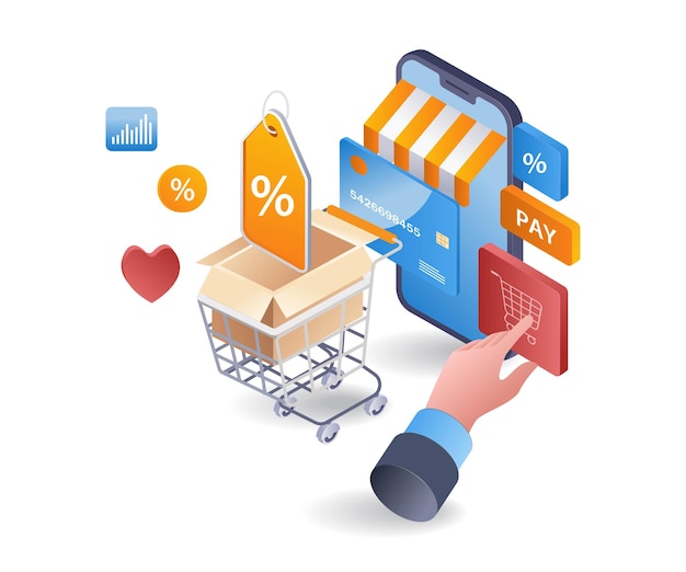 Compras en línea en el mercado de comercio electrónico infográfico plano isométrico ilustración 3D