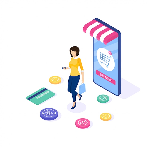 Las compras en línea . Mujer comprar cosas en el sitio. Puede usar banner web e infografías. Isométrica ilustración.