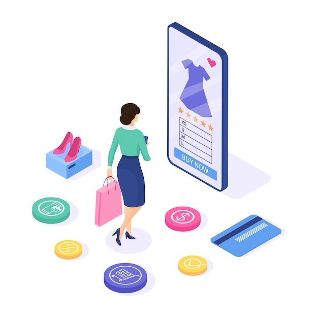 Las compras en línea . Mujer comprar vestido en el sitio. Puede usar banner web e infografías. Isométrica ilustración.