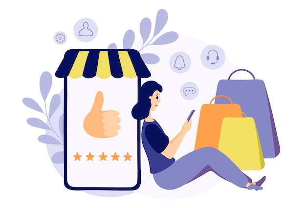 Compras en línea Mujer dando retroalimentación de cinco estrellas Concepto de revisión de cliente de Vector