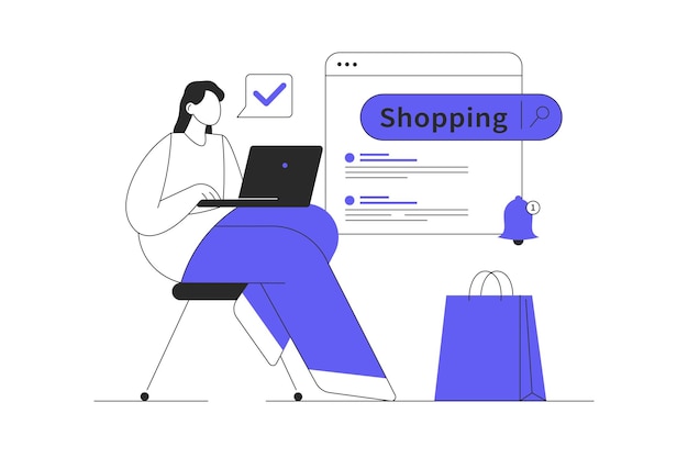 Compras en línea Mujer eligiendo productos en la tienda ordenando y pagando en línea en una aplicación móvil Web plana