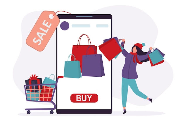 Compras en línea mujer feliz compradora Comercio electrónico venta en Internet y concepto de descuento Ilustración vectorial