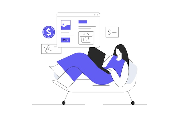 Compras en línea Mujer personaje sentado en el sofá en casa y haciendo compras ordenando en línea