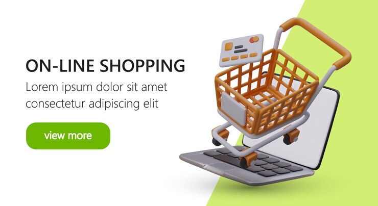 Vector compras en línea y pago de compras tarjeta de crédito para computadora portátil con carrito de compras 3d
