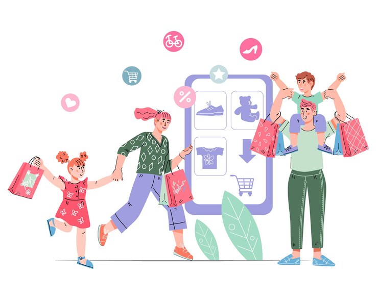 Vector compras en línea con personas diminutas alrededor del vector de dibujos animados de teléfonos inteligentes aislado