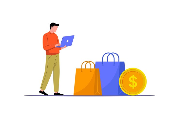 Vector compras en línea con portátil y bolsas de compras comercio electrónico y concepto de finanzas digitales vector plano