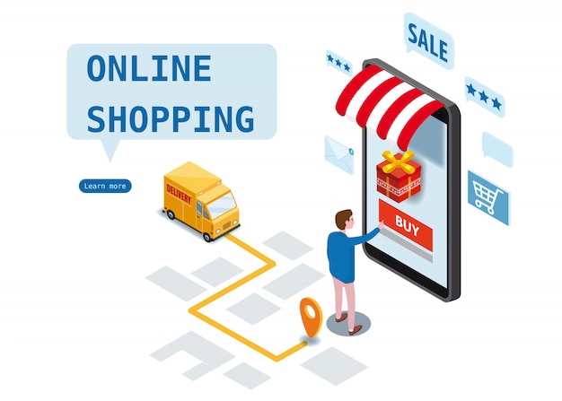 Compras en línea, servicio de entrega urgente, servicio de mensajería. Diseño isométrico