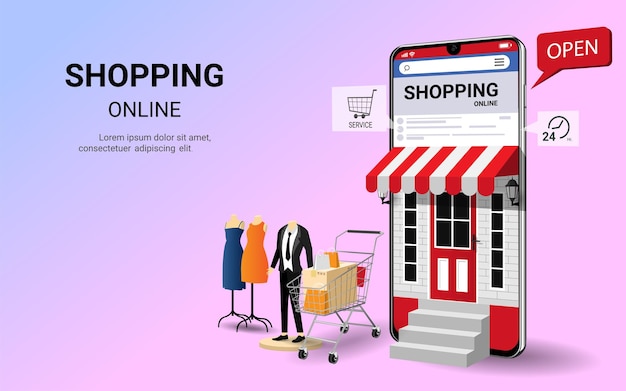 Compras en línea en el sitio web o en la aplicación móvil concepto de promoción de la tienda en línea de comercio electrónico de marketing digital y marketing moderno uso para el sitio web y la ilustración de vector 3d de banner