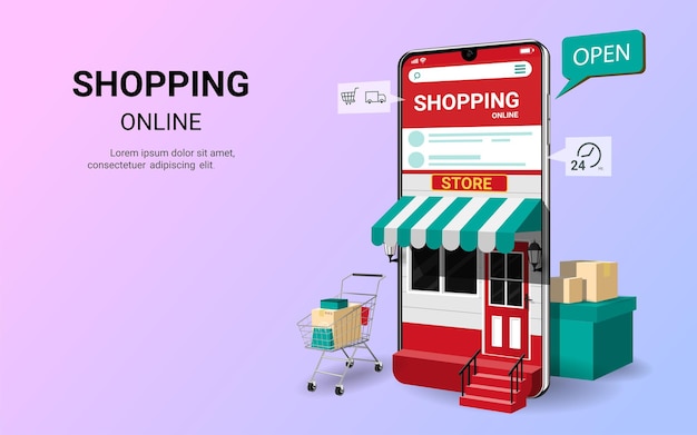 Compras en línea en el sitio web o aplicación móvil Marketing moderno y marketing digital Comercio electrónico en Internet Tienda en línea Uso para sitios web y banners Ilustración de vectores 3D