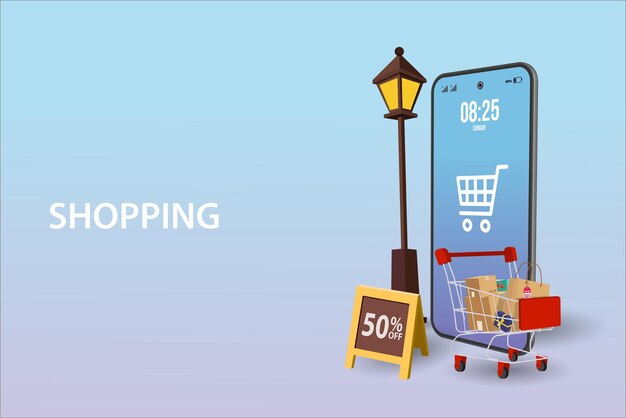Compras en línea en el sitio web o en el concepto de vector de aplicaciones móviles Marketing y marketing digital