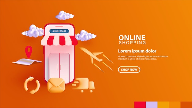 Compras en línea en el sitio web o en la página de destino de la aplicación móvil concepto de marketing y marketing digital