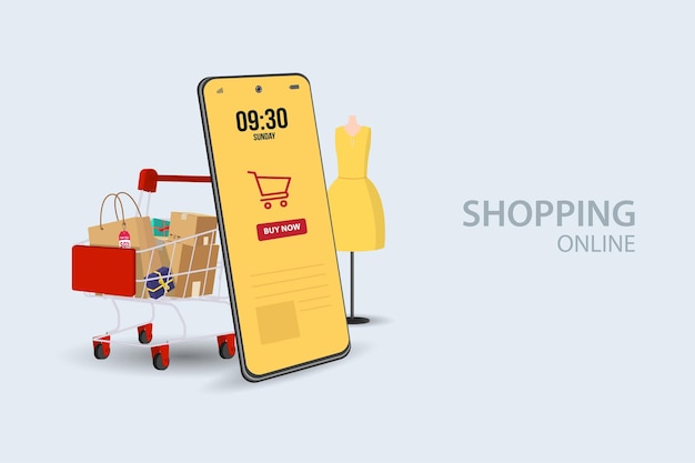 Compras en línea en sitios web o aplicaciones móviles Concepto vectorial Marketing y marketing digital