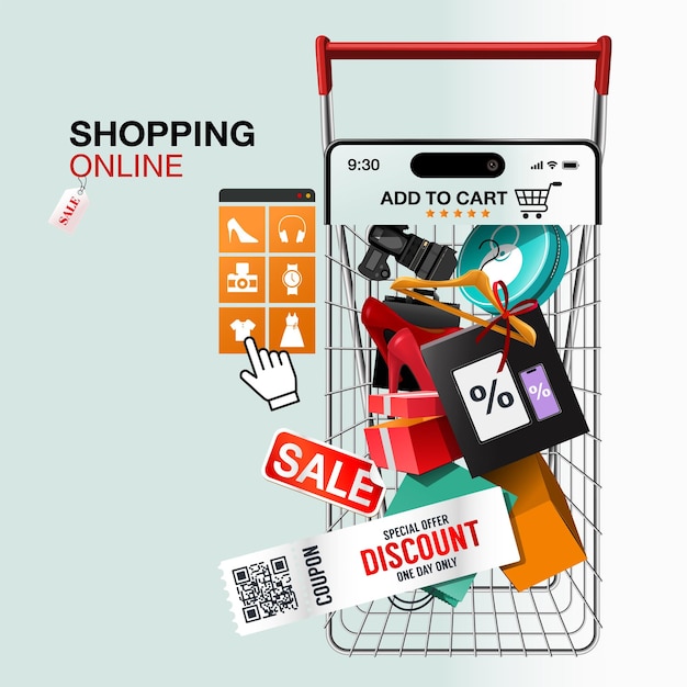 Compras en línea en sitios web o aplicaciones móviles Concepto vectorial Marketing y marketing digital