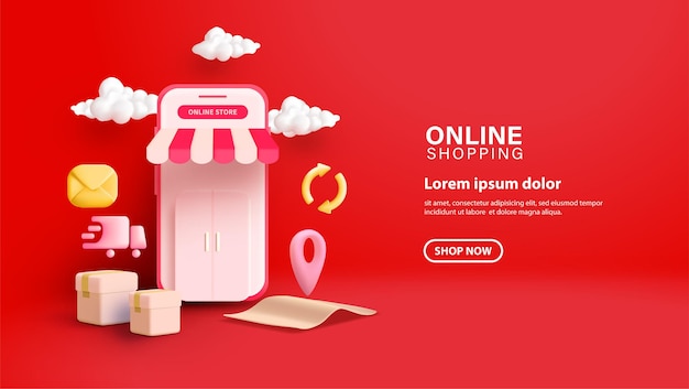 Compras en línea con smartphone 3D sobre fondo rojo.