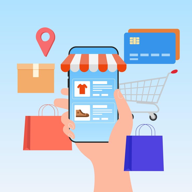 Vector compras en línea smartphone mano con aplicación de compras por teléfono con carrito de bolsa de compras y tarjeta de débito