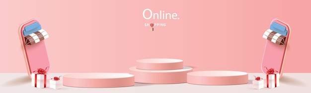 compras en línea por teléfono con arte de papel de podio vector de ilustración de caja de regalos de fondo rosa moderno