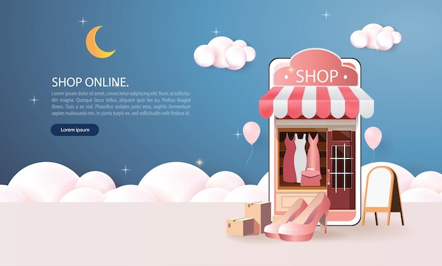 compras en línea por teléfono con arte de papel de podio vector de ilustración de caja de regalos de fondo rosa moderno