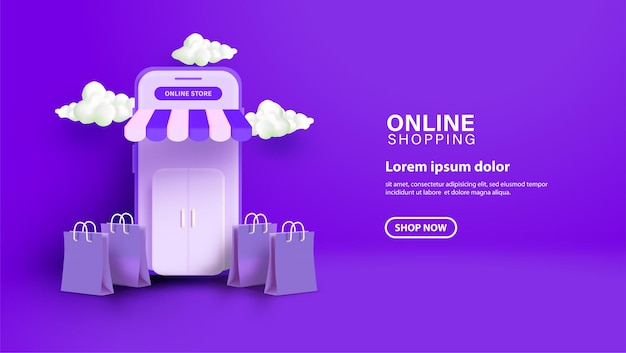 Compras en línea con teléfono inteligente 3d con bolsa de compras e ilustración porcentual