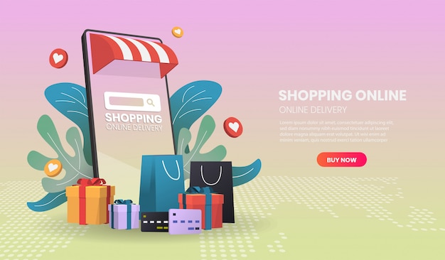 Compras en línea en el teléfono móvil. Servicio de entrega en línea Ilustración de vector 3d.