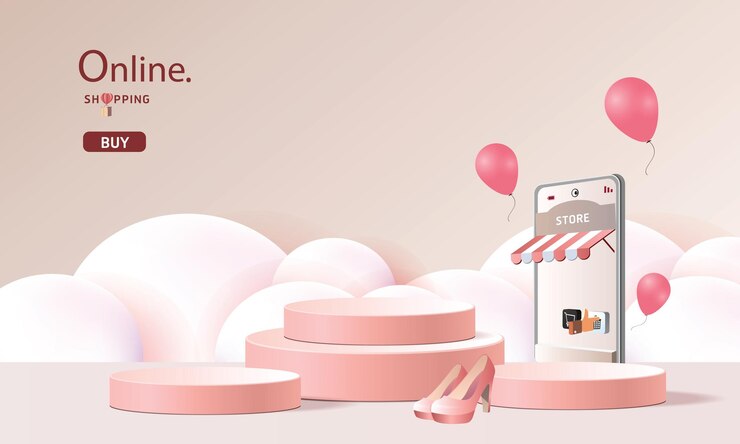 Vector compras en línea en teléfonos inteligentes y nueva promoción de venta de compra fondo rosa para el comercio electrónico del mercado de banners