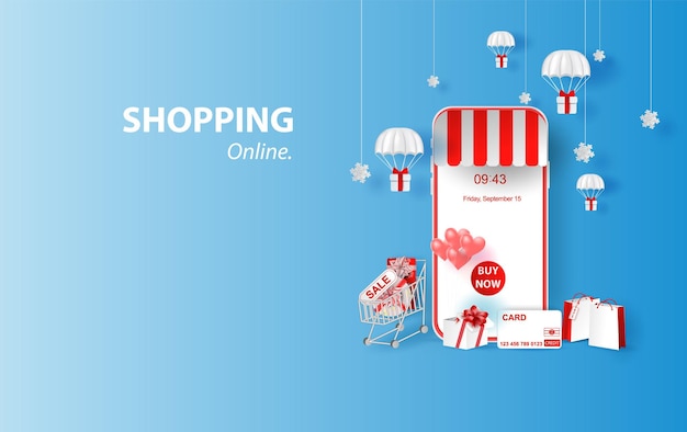 Compras en línea en teléfonos inteligentes o aplicaciones móviles idea de concepto marketing y marketing digital. fondo de feliz navidad vista horizontal con caja de regalo y paracaídas de venta de contenido en vacaciones