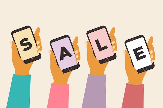 Compras en línea con teléfonos móviles Manos sosteniendo teléfonos inteligentes y mostrar VENTA Ilustración vectorial