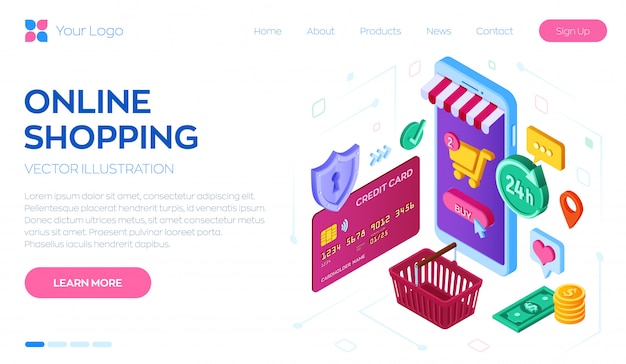 Las compras en línea. Tienda isométrica en línea. Compras en línea en el sitio web o aplicación móvil.